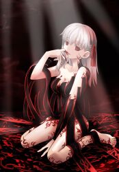 Rule 34 | 1girl, blood, blood on hands, breasts, chiizu ore, cleavage, commentary request, dark sakura, empty eyes, fate/stay night, fate (series), full body, hair ribbon, heaven&#039;s feel, highres, large breasts, licking, licking finger, licking own finger, matou sakura, red eyes, ribbon, sitting, solo, wariza, white hair