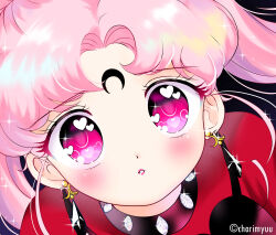 1girl artist_name bad_id bad_twitter_id bishoujo_senshi_sailor_moon black_background black_choker black_dress black_lady_(sailor_moon) choker commentary crescent crescent_facial_mark derivative_work dot_nose dress earrings english_commentary eyelashes facial_mark forehead_mark gold_earrings heart heart_in_eye highres honeymoonpetal jewelry light_blush lipstick long_hair looking_at_viewer makeup parted_bangs parted_lips pinafore_dress pink_eyes pink_hair pink_lips red_shirt screenshot_redraw shirt simple_background sleeveless sleeveless_dress solo spaghetti_strap sparkle sparkling_eyes studded_choker surprised symbol_in_eye twintails upper_body watermark