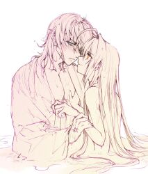 Rule 34 | 1boy, 1other, ahoge, anger vein, blue eyes, blush, face-to-face, fate/grand order, fate/samurai remnant, fate (series), hair down, hand under clothes, japanese clothes, kimono, long hair, medium hair, miyamoto iori (fate), mul1062363, orange eyes, other with male, partially colored, simple background, smile, topless other, upper body, wading, water, white background, yamato takeru (fate)
