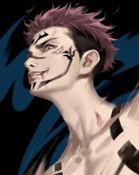 1boy bare_pectorals black_background blood blood_from_mouth blue_background brown_eyes collarbone crazy_smile extra_eyes eyelashes facepaint injury jujutsu_kaisen lips male_focus motion_blur multicolored_hair nostrils pectorals pink_hair ryoumen_sukuna_(jujutsu_kaisen) short_hair sideburns smile solo teeth thick_eyebrows two-tone_background two-tone_hair upper_body upper_teeth_only wide-eyed ye_dian_pikaqiu