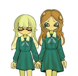 Rule 34 | 2girls, bang dream!, bang dream! it&#039;s mygo!!!!!, blue eyes, blue neckerchief, blue serafuku, brown hair, chinese commentary, chuchu (uglydog zip), closed mouth, commentary request, green hair, highres, holding hands, long hair, looking at another, multiple girls, nagasaki soyo, neckerchief, nintendo, octoling, school uniform, serafuku, simple background, splatoon (series), tentacle hair, wakaba mutsumi, white background, yellow eyes