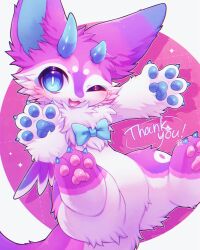 0suzu_illust 1other ;3 androgynous asymmetrical_horns blue_bow blue_horns border borrowed_character bow bright_pupils chest_bow chromatic_aberration close-up commission deformed digitigrade drop_shadow fang fennec_fox fewer_digits film_grain floating foot_out_of_frame furry hands_up happy highres horns knees_up large_ears light_blush mini_wings neck_fur no_genitals nostrils nude one_eye_closed open_hands open_mouth original other_focus outline outside_border outstretched_arm pink_background pink_fur pink_tail purple_wings round_image short_eyebrows sideways_glance signature skeb_commission solo spread_legs thank_you three_quarter_view two-tone_fur two-tone_tail waving white_border white_fur white_outline white_pupils white_tail wings