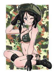 Rule 34 | 1girl, ;), bikini, black bikini, black boots, black eyes, black gloves, black hair, black headwear, boots, breasts, camouflage background, chouno ami, closed mouth, combat boots, combat helmet, commentary, girls und panzer, gloves, goggles, goggles on headwear, halterneck, headset, helmet, japan ground self-defense force, japan self-defense force, large breasts, military, navel, one eye closed, print bikini, salute, short hair, side-tie bikini bottom, smile, solo, star (symbol), swept bangs, swimsuit, takahashi kurage, tank helmet, textless version