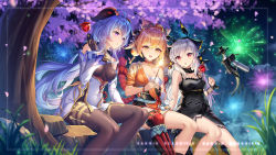 3girls :d :o aerial_fireworks ahoge arknights bandaged_arm bandages black_dress black_gloves blonde_hair blue_hair bodysuit breasts brown_bodysuit candy_apple chest_sarashi choker dress feet_out_of_frame female_focus fingerless_gloves fireworks food ganyu_(genshin_impact) genshin_impact gloves goat_horns grey_hair hair_between_eyes hair_ornament highres holding holding_fireworks holding_food horns japanese_clothes kimono long_hair long_sleeves medium_breasts multiple_girls night open_mouth orange_kimono outdoors parted_lips purple_eyes red_choker red_eyes sannio sarashi short_hair short_sleeves sitting sleeveless sleeveless_dress smile sparkle tree very_long_hair weedy_(arknights) yellow_eyes yoimiya_(genshin_impact)
