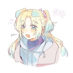 1girl :d animal_ears blonde_hair blush chibi chibi_inset closed_eyes coat commentary cropped_torso curtained_hair dog_ears fang flower grey_coat hair_flower hair_ornament hood hoodie kemonomimi_mode link!_like!_love_live! looking_at_viewer love_live! official_alternate_costume open_clothes open_coat open_mouth osawa_rurino osawa_rurino_(winter_casual) parted_bangs pink_flower purple_sweater shout_lines smile solo_focus sweater symbol-only_commentary turtleneck turtleneck_sweater virtual_youtuber white_hoodie woodonly