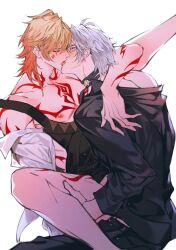 2boys abs antenna_hair apron arm_tattoo black_apron black_choker black_pants black_shirt blonde_hair blush braid chest_tattoo choker closed_eyes collared_shirt facial_tattoo french_kiss gradient_hair hair_between_eyes hashtag-only_commentary honkai:_star_rail honkai_(series) implied_sex kiss leg_lift male_focus medium_hair mescaline multicolored_hair multiple_boys mydei_(delicacies)_(honkai:_star_rail) mydei_(honkai:_star_rail) off_shoulder open_clothes open_shirt pants phainon_(fashion)_(honkai:_star_rail) phainon_(honkai:_star_rail) red_hair red_tattoo shirt short_hair side_braid simple_background tattoo toned toned_male white_background white_hair yaoi