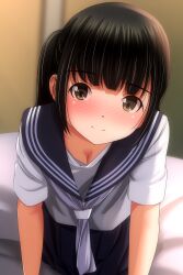 1girl absurdres black_hair blurry blurry_background blush brown_eyes closed_mouth highres looking_at_viewer matsunaga_kouyou nose_blush original pleated_skirt sailor_collar school_uniform serafuku shirt short_sleeves skirt smile solo white_shirt