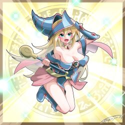 Rule 34 | 1girl, artist name, bare shoulders, blonde hair, blue dress, blue hat, blush stickers, breasts, closed mouth, dark magician girl, dress, duel monster, full body, glowing, hat, highres, large breasts, long hair, pink skirt, sengenjin31, signature, skirt, solo, yellow background, yu-gi-oh!