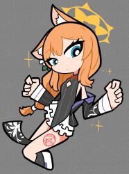 1girl absurdres animal_ear_fluff animal_ears bare_legs black_dress black_jacket black_socks blue_archive blue_eyes blush breasts china_dress chinese_clothes cleavage_cutout closed_mouth clothing_cutout cosplay diamond_cutout dress fox_ears full_body furrowed_brow grey_background halo highres jacket jacket_partially_removed kokona_(blue_archive) kokona_(blue_archive)_(cosplay) long_hair long_sleeves looking_at_viewer low-tied_long_hair mari_(blue_archive) open_clothes open_jacket orange_hair pelvic_curtain rumford shoes sidelocks simple_background sleeveless sleeveless_dress small_breasts socks solo sparkle stamp_mark w_arms white_shoes