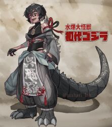 Rule 34 | 1girl, absurdres, animal ears, arm tattoo, baggy pants, bandages, black hair, bodysuit, claws, cosplay, dinosaur girl, fossil, genderswap, genderswap (mtf), gloves, godzilla, godzilla (1954 movie), godzilla (cosplay), godzilla (series), grey background, grey hair, highres, humanization, japanese text, jewelry, kaiju, leotard, loincloth, mahari lab, monster girl, multicolored hair, necklace, open mouth, pants, personification, pointy ears, ribbon, rope, shadow, sharp teeth, short hair, shoulder tattoo, simple background, spikes, tail, tattoo, teeth, toho, tongue, trilobite, two-tone hair, yin yang, yin yang tattoo