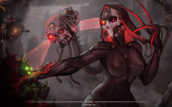 1boy 1girl adeptus_mechanicus artist_name assassin assassination black_bodysuit bodysuit clawed_hands copyright_name glowing glowing_eyes grabbing_another&#039;s_chin green_eyes hand_on_another&#039;s_chin highres hologram holographic_monitor hood hood_up infocytes mask power_claw red_eyes scan servo-skull tube warhammer_40k wire zhang_bozi