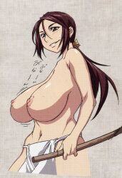 1girl aroused assassin blue_eyes blush breast_focus breasts brown_hair fat_breasts full_figured heavy_breasts huge_breasts in_heat katana loincloth long_hair manyuu_hikenchou massive_hips mature_female motherly_figure navel nipples official_art okami_(manyuu_hikenchou) pendulous_breasts perfect_skin ponytail reference_sheet sagging_breasts sarashi scan smile stomach sweat sword weapon wobbling_breasts