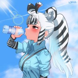 Rule 34 | 1girl, animal ears, animal print, black hair, black sleeves, blue shirt, blush, bottle, brown eyes, collared shirt, drinking, extra ears, grevy&#039;s zebra (kemono friends), highres, kemono friends, long hair, long sleeves, multicolored hair, negi e mon, ponytail, print sleeves, shirt, short sleeves, solo, striped sleeves, sweatdrop, t-shirt, two-tone hair, two-tone sleeves, upper body, water bottle, white hair, white sleeves, zebra ears, zebra girl, zebra print