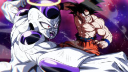 Rule 34 | 2boys, abs, black eyes, black hair, commentary request, dragon ball, dragon ball super, frieza, halo, male focus, multiple boys, muscular, muscular male, nipples, orange pants, pants, red eyes, rom (20), scratches, space, teeth, topless male, veins, yellow halo