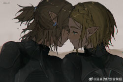 1boy 1girl akihare black_bodysuit blonde_hair bodysuit braid chani couple crown_braid derivative_work desert dune:_part_two dune_(series) earrings green_eyes hair_tie hetero imminent_kiss jewelry link medium_hair nintendo parted_bangs parted_lips paul_atreides pointy_ears ponytail princess_zelda sand short_hair sidelocks stillsuit the_legend_of_zelda the_legend_of_zelda:_tears_of_the_kingdom thick_eyebrows upper_body