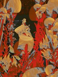 1girl blonde_hair braid dkaism dress gown grape_hyacinth limited_palette long_hair original reaching scenery single_braid solo sun yellow_dress