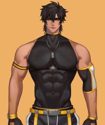 1boy belt brown_hair compression_shirt dog_tags gloves highres indie_virtual_youtuber jacket jouvru kite_hasegawa male_focus muscular muscular_male yellow_eyes