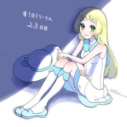 1girl blonde_hair blue_shoes breasts closed_mouth collared_dress commentary_request dress eyelashes green_eyes hat highres hiyokko2min light_blush lillie_(pokemon) long_hair nintendo pokemon pokemon_sm shoes signature sitting sleeveless sleeveless_dress smile socks solo sun_hat unworn_hat unworn_headwear white_dress white_hat white_socks