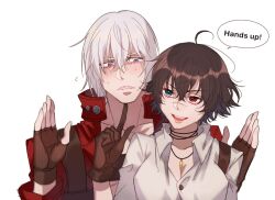 1boy 1girl black_hair blue_eyes blush brown_gloves dante_(devil_may_cry) devil_may_cry devil_may_cry_(series) devil_may_cry_3 fingerless_gloves gloves green_eyes heterochromia jacket lady_(devil_may_cry) nero_is_so_cute red_eyes red_jacket scar scar_on_face scar_on_nose shirt simple_background white_background white_hair white_shirt