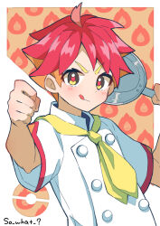 1boy ahoge blush buttons clenched_hand closed_mouth commentary_request creatures_(company) crispin_(pokemon) frying_pan game_freak hands_up highres holding holding_frying_pan jacket looking_at_viewer male_focus necktie nintendo pokemon pokemon_sv red_hair red_pupils short_sleeves so_what216 solo tongue tongue_out upper_body white_jacket yellow_necktie