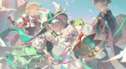 Rule 34 | 2boys, 2girls, alhaitham (genshin impact), aranara (genshin impact), beads, blonde hair, collei (genshin impact), doupu41, dress, eyepatch, fingerless gloves, flower, genshin impact, gloves, green eyes, green hair, green hat, grey hair, hair between eyes, hair flower, hair ornament, hat, highres, kaveh (genshin impact), long hair, multicolored hair, multiple boys, multiple girls, nahida (genshin impact), open mouth, pointy ears, purple eyes, red eyes, shirt, side ponytail, smile, symbol-shaped pupils, white dress, white hair, white shirt