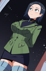 1girl blue_eyeshadow blue_hair breasts comoli_harcourt dutch_angle eyeshadow formal_clothes fujioka_yatsufusa green_jacket green_suit gundam gundam_gquuuuuux high-waist_skirt highres jacket looking_up makeup mole mole_under_eye short_hair skirt solo space suit turtleneck