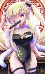 1girl 9-nine- absurdres alternate_costume alternate_hairstyle bare_shoulders black_dress blonde_hair breasts bun_cover china_dress chinese_clothes cleavage cleavage_cutout clothing_cutout commentary_request covered_mouth covered_navel cowboy_shot double_bun dress eyelashes floating_hair folding_fan ghost_(9-nine-) groin hair_bun hair_over_one_eye hand_fan hand_up highres holding holding_fan impossible_clothes indoors large_breasts lens_flare light_particles long_bangs long_hair looking_at_viewer no_panties one_eye_covered pelvic_curtain red_eyes round_window sidelocks skindentation sleeveless sleeveless_dress solo tamamo_(1_tamamo) thigh_strap twintails very_long_hair window