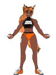 1girl @_@ abs absurdres animal_ears black_shirt bracelet dark-skinned_female dark_skin full_body highres horse_ears horse_girl jewelry long_hair looking_at_viewer midriff multicolored_shoes muscular muscular_female orange_eyes orange_hair orange_panties orange_shoes orange_tail outstretched_hand panties ponytail realyowhza shirt shoes simple_background smile solo teeth underwear white_background white_shoes