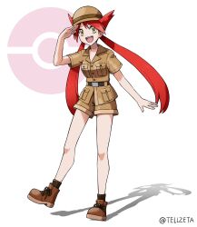 Rule 34 | 1girl, :d, belt, belt buckle, boots, breast pocket, brown boots, brown hat, brown shirt, brown shorts, buckle, buttons, collared shirt, commentary request, full body, gen 3 pokemon, hand up, happy, hat, highres, knees, latias, legendary pokemon, long hair, nintendo, open mouth, personification, pocket, pokemon, pokemon adventures, red hair, ribbed socks, shirt, short sleeves, shorts, smile, socks, solo, standing, teeth, tellzeta, tongue, twintails, twitter username, upper teeth only, white background, yellow eyes