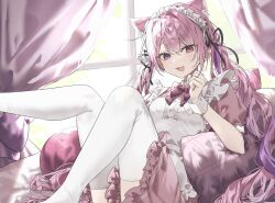 1girl :3 animal_ears apron artist_request bow bowtie breasts cat_ears cat_girl clenched_hand curtains day dot_nose fang feet_out_of_frame frilled_skirt frills furrowed_brow hand_up happy heterochromia highres indie_virtual_youtuber indoors knees_up light_particles long_hair looking_at_viewer maid maid_headdress momose_moa_(vtuber) on_bed open_mouth pillow pink_bow pink_bowtie pink_hair pink_shirt pink_skirt purple_eyes purple_hair reclining red_eyes second-party_source shirt sitting skirt small_breasts solo sunlight thighhighs twintails very_long_hair white_apron white_wrist_cuffs window wrist_cuffs zettai_ryouiki