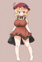 aki_minoriko apron arinu barefoot breasts food food-themed_hair_ornament fruit fruit_hat_ornament grape_hair_ornament grape_hat_ornament grapes hair_ornament hat highres large_breasts leaf_hair_ornament mob_cap red_apron red_hat short_hair