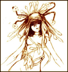 1girl ant_girl antennae bad_source breasts brown_theme closed_mouth commentary_request completely_nude cowboy_shot empty_eyes expressionless long_hair looking_at_viewer maya_(ragnarok_online) medium_breasts monochrome navel nude oohira_sunset ragnarok_online simple_background sketch solo