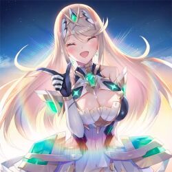 blonde_hair breasts closed_eyes dress gloves long_hair mythra_(xenoblade) open_mouth sky smile xenoblade
