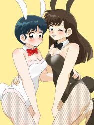 Rule 34 | 1006 nonchan, 2girls, animal ears, black bow, black leotard, black shoes, blue hair, bow, bowtie, breasts, brown hair, cleavage, detached collar, fake animal ears, fake tail, fishnet pantyhose, fishnets, fur-trimmed leotard, fur trim, hand on another&#039;s waist, highres, kuonji ukyou, leotard, long hair, multiple girls, one eye closed, pantyhose, playboy bunny, rabbit ears, rabbit tail, ranma 1/2, red bow, red bowtie, shoes, short hair, simple background, smile, standing, standing on one leg, strapless, strapless leotard, tail, tendou akane, white leotard, yellow background