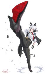 1girl absurdres armband black_armband black_gloves black_horns black_jacket black_pants black_shoes black_tail breasts chest_harness chucky_(chucky1000sun) closed_mouth collared_shirt commentary_request curled_horns demon_tail full_body gloves hair_between_eyes harness high-waist_pants high_heels high_kick highres horns jacket jacket_on_shoulders kicking large_breasts long_hair necktie pants red_eyes red_necktie shirt shirt_tucked_in shoes signature simple_background solo standing standing_on_one_leg tail white_background white_hair white_shirt wuthering_waves zani_(wuthering_waves)