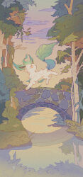 Rule 34 | bridge, bright pupils, cloud, commentary, from side, gen 4 pokemon, grass, highres, leafeon, litong994, looking back, nintendo, no humans, outdoors, pokemon, pokemon (creature), pokemon focus, reflection, river, sky, solo, symbol-only commentary, tree, twilight, water