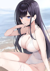 1girl :o bare_arms bare_shoulders beach black_hair blue_eyes blush breasts cleavage collarbone commentary_request day ear_piercing from_side hand_up highres large_breasts long_hair looking_at_viewer looking_to_the_side ocean one-piece_swimsuit open_mouth original oryo_(oryo04) outdoors piercing sitting solo swimsuit thigh_strap thighs water white_one-piece_swimsuit