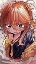 1girl absurdres bandaid black_shirt blonde_hair blue_eyes blush cardigan collared_shirt commentary_request fang full_body hair_between_eyes highres kasukabe_tsumugi large_variant_set long_bangs long_hair long_sleeves looking_at_viewer messy_hair microa miniskirt necktie one_side_up open_cardigan open_clothes open_mouth plaid_clothes plaid_skirt purple_skirt shirt skirt smile solo textless_version variant_set voicevox yellow_cardigan yellow_necktie