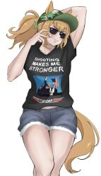 1girl 2024_attempted_assassination_of_donald_trump american_flag animal_ears arm_up baseball_cap black_skirt blush brown_hair commentary_request cowboy_shot denim denim_shorts donald_trump ears_through_headwear english_text green_hat grin hair_ornament hat highres horse_ears horse_girl horse_tail medium_hair meme miya_nns35 multiple_boys ponytail print_shirt real_life security_guard shirt short_sleeves shorts simple_background skirt smile star_(symbol) star_hair_ornament sunglasses taiki_shuttle_(umamusume) tail umamusume white_background
