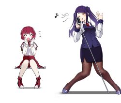 2girls :d :o ^_^ absurdres android bartender black_skirt blush bow bowtie breasts brown_pantyhose cheering closed_eyes collared_shirt commentary_request dorothy_haze full_body hairband hand_up hands_up highres holding holding_microphone_stand jill_stingray joints long_hair long_sleeves microphone microphone_stand multiple_girls musical_note necktie notice_lines open_mouth pantyhose pencil_skirt puffy_short_sleeves puffy_sleeves purple_hair purple_shoes purple_vest red_bow red_bowtie red_hair red_necktie red_shoes red_skirt robot_joints shadow shirt shoes short_hair short_sleeves simple_background sitting skirt smile standing striped_clothes striped_hairband swept_bangs twintails v-shaped_eyebrows va-11_hall-a vest white_background white_shirt white_wrist_cuffs wrist_cuffs yanagui_yugi