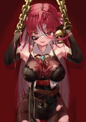 Rule 34 | 1girl, armpits, bandages, black bodystocking, black gloves, black leotard, blush, breasts, chain, colored inner hair, commentary, dokuro-kun (houshou marine), elbow gloves, eyepatch, gloves, grey hair, hair between eyes, hair bun, heterochromia, highres, hololive, houshou marine, houshou marine (marching band), large breasts, leotard, long hair, looking at viewer, multicolored hair, official alternate costume, official alternate hairstyle, parted lips, red background, red eyes, red hair, restrained, single side bun, solo, streaked hair, sweatdrop, torn clothes, very long hair, virtual youtuber, yellow eyes, youye youe