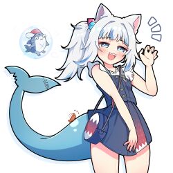 1girl absurdres animal_ears bloop_(gawr_gura) blue_bag blue_eyes blue_overalls blush cat_ears cube_hair_ornament ebi-chan_(gawr_gura) fins fish_tail gawr_gura gawr_gura_(casual) hair_ornament highres hololive hololive_english looking_at_viewer medium_hair official_alternate_costume official_alternate_hairstyle overalls shark_girl shark_tail sharp_teeth shirt shutowl side_ponytail smile solo tail teeth upper_teeth_only virtual_youtuber white_shirt