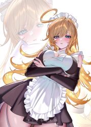 1girl alternate_costume apron arms_under_breasts artist_name black_dress blue_eyes blush breasts closed_mouth commentary cowboy_shot crossed_arms detached_sleeves dress enmaided escoffier_(genshin_impact) genshin_impact hair_between_eyes highres large_breasts long_hair looking_at_viewer maid maid_headdress paid_reward_available pout ringeko-chan side_ahoge solo thighs very_long_hair waist_apron white_background zoom_layer