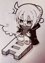 Rule 34 | 1girl, ahoge, artoria pendragon (fate), braid, chibi, closed mouth, commentary request, fate/grand order, fate (series), fringe trim, full body, glasses, greyscale, hair between eyes, hair bun, hood, hood down, hooded jacket, jacket, kasuga yuuki, kettle, monochrome, mysterious heroine x alter (fate), mysterious heroine x alter (first ascension) (fate), open clothes, open jacket, plaid clothes, plaid scarf, scarf, semi-rimless eyewear, solo, steam, under-rim eyewear, v-shaped eyebrows