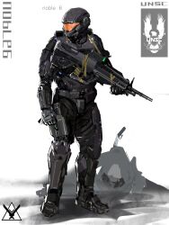 1boy absurdres armor artist_name assault_visor battle_rifle bullpup character_name commentary full_armor full_body gun halo:_reach halo_(series) handgun highres holding holding_gun holding_weapon m392_marksman m6 orange_visor power_armor rifle science_fiction solo spartan-b312 standing unsc_(emblem) user_yzmu4227 weapon