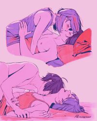 1boy 1girl artist_name bare_arms bare_shoulders bed_sheet blush boy_on_top camisole closed_eyes commentary couple english_commentary facing_another feet_out_of_frame from_side girl_on_top glint hand_on_another&#039;s_arm hand_on_another&#039;s_waist hetero jewelry kiss kissing_neck lying morning nail_polish on_back open_mouth paaaatchieee persona persona_3 pillow pink_nails profile ring short_hair simple_background takeba_yukari tank_top topless_male upper_body wedding_ring yuuki_makoto_(persona_3)