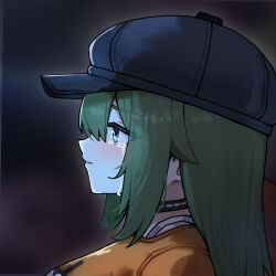 Rule 34 | 1girl, blue hat, closed mouth, commentary, crying, crying with eyes open, from side, green eyes, green hair, hat, ldd.ek, long hair, looking ahead, newsboy cap, orange shirt, shirt, sidelocks, solo, tears, venus (zenless zone zero), zenless zone zero