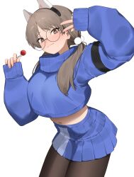 1girl :3 animal_ear_hairband animal_ears black-framed_eyewear black_pantyhose blue_archive blue_skirt blue_sweater breasts brown_eyes brown_hair candy closed_mouth commentary_request cowboy_shot cropped_sweater fake_animal_ears flasso food glasses hairband hands_up highres holding holding_candy holding_food holding_lollipop large_breasts leaning_forward lollipop long_hair long_sleeves low_twintails midriff miniskirt moe_(blue_archive) navel pantyhose pleated_skirt puffy_long_sleeves puffy_sleeves rabbit_ear_hairband rabbit_ears round_eyewear simple_background skirt sleeves_past_wrists smile solo sweater thighs twintails v white_background