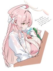 1boy 1girl ahoge bikini blue_archive bow braid breasts cum cum_on_body cum_on_breasts cum_on_upper_body english_text from_side green_eyes hair_bow hanako_(blue_archive) hanako_(swimsuit)_(blue_archive) hetero highres holding holding_hose hose large_breasts long_hair open_clothes open_shirt paizuri paizuri_under_clothes penis pink_bikini pink_hair shirt single_braid solo_focus swimsuit thernz uncensored water white_bow white_shirt