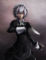 Rule 34 | 1girl, arm garter, black gloves, black shirt, black skirt, braid, collared vest, cowboy shot, female focus, fingerless gloves, gloves, hair tubes, izayoi sakuya, juliet sleeves, knife, koumajou densetsu, koumajou densetsu 2, long sleeves, looking at viewer, maid headdress, puffy sleeves, red eyes, shirt, short hair, silver hair, skirt, skirt set, sleepingfox, solo, touhou, twin braids, vest